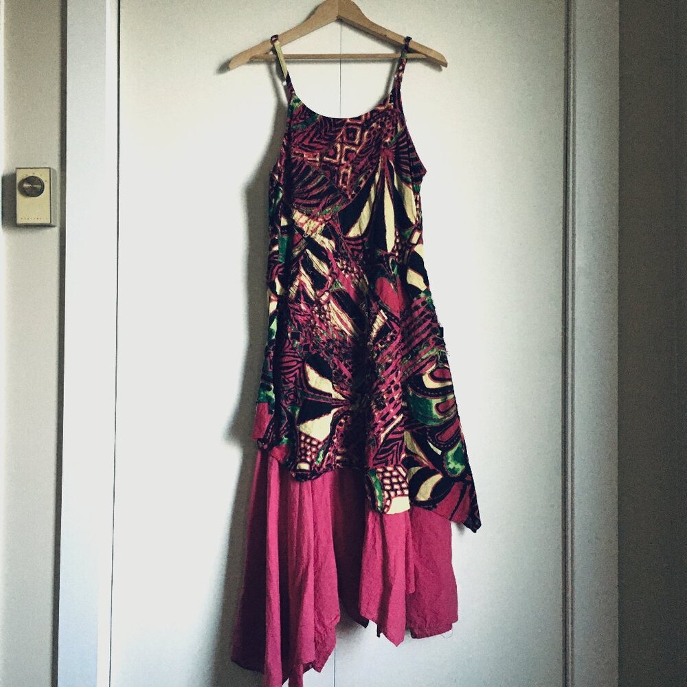 Pink Batik Fairy Grunge Maxi Dress Handkerchief Hem Two Layer Size - Small